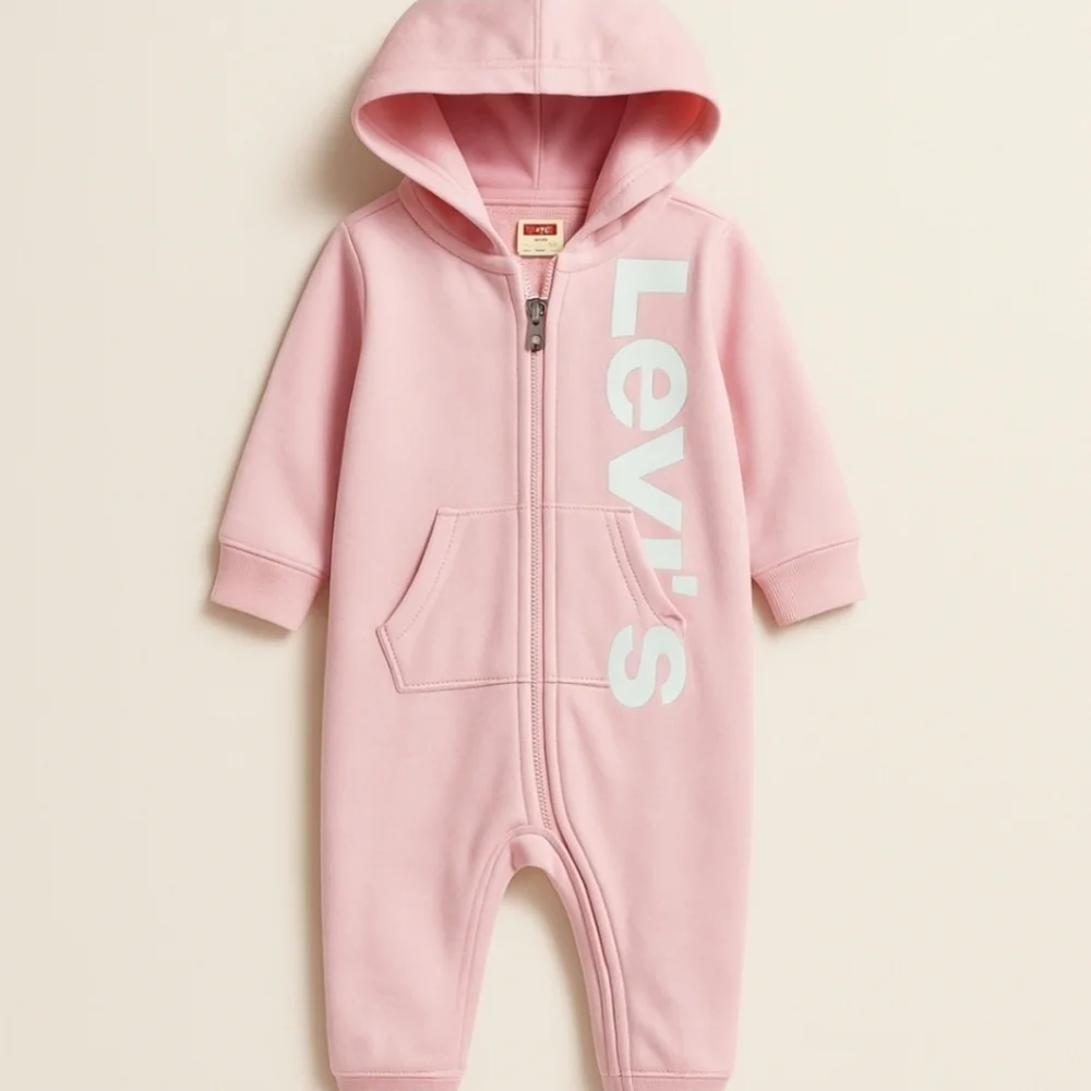 Levis Baby Girl Hooded Coverall Pink & White Graphic One Piece Jumpsuit NWT 6M